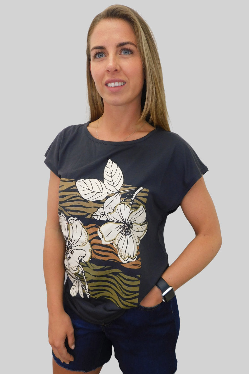 Ladies Trendy Charcoal Tee with Abstract Flowers and Animal Print