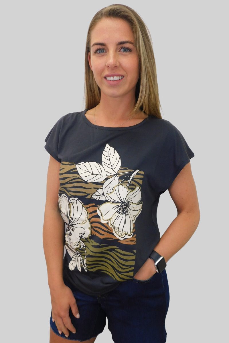 Ladies Trendy Charcoal Tee with Abstract Flowers and Animal Print