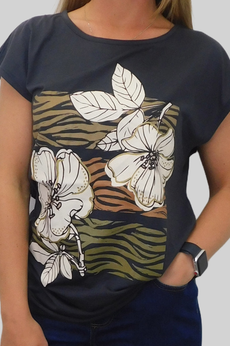 Ladies Trendy Charcoal Tee with Abstract Flowers and Animal Print