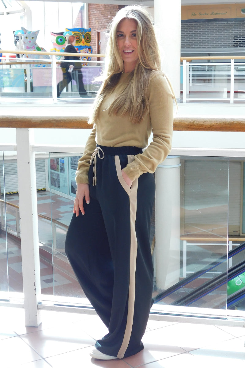 Supermarket Label Black Wide Leg Side Stripe Trousers