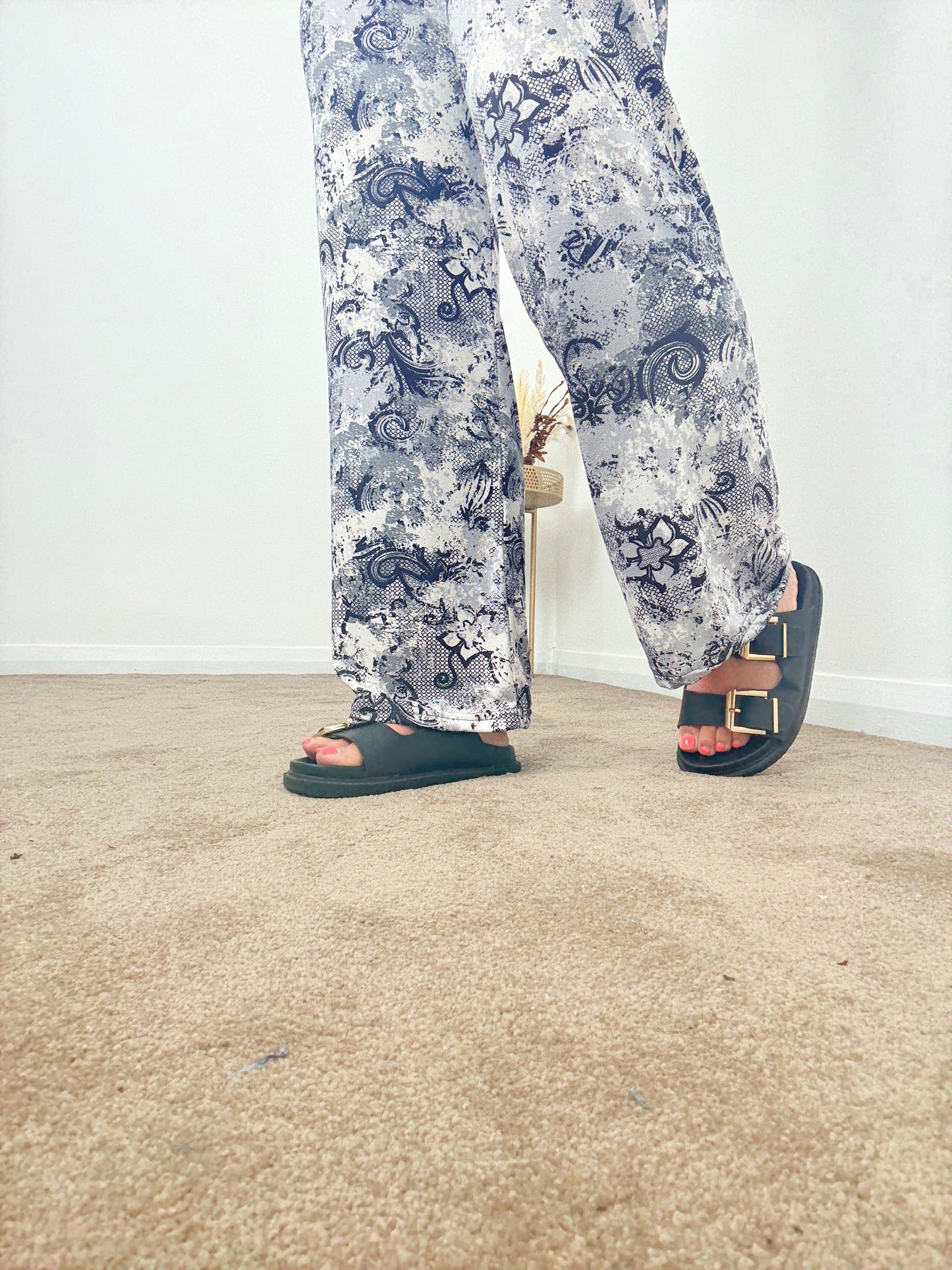 Black &Grey Paisley Wide Leg Trousers
