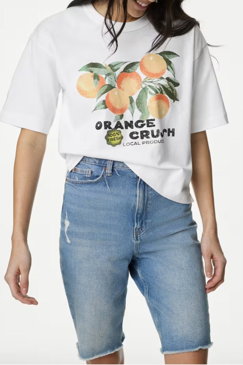 Ex M&S Pure Cotton Orange Crush Printed Oversized T-Shirt