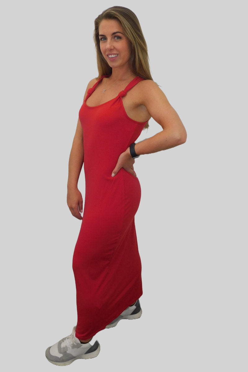 Famous Store Chic Knot Detail Ribbed Maxi Dress in Red