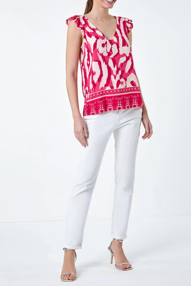 Famous Store Pink Abstract Border Print Frill Sleeve Vest