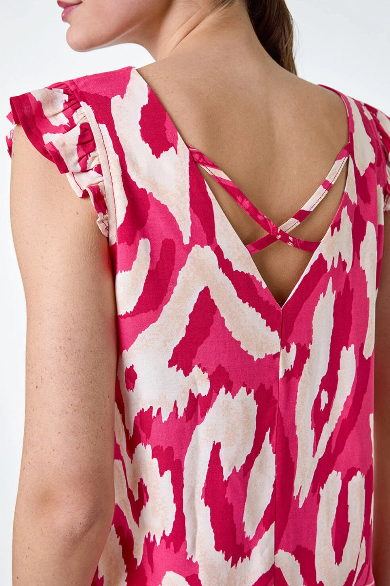 Famous Store Pink Abstract Border Print Frill Sleeve Vest