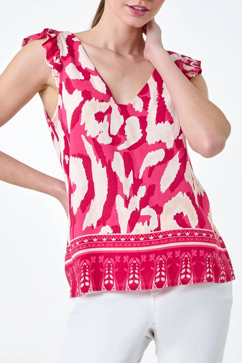 Famous Store Pink Abstract Border Print Frill Sleeve Vest