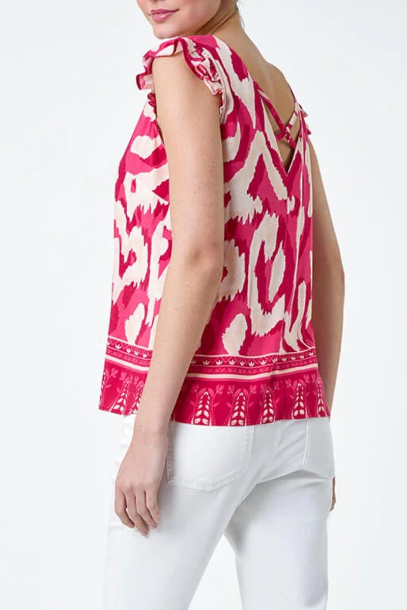 Famous Store Pink Abstract Border Print Frill Sleeve Vest