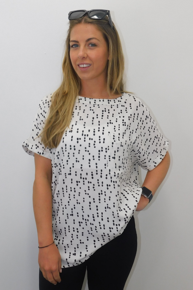 Ladies Short Sleeve Ivory & Black Geometric Polka Blouse Top