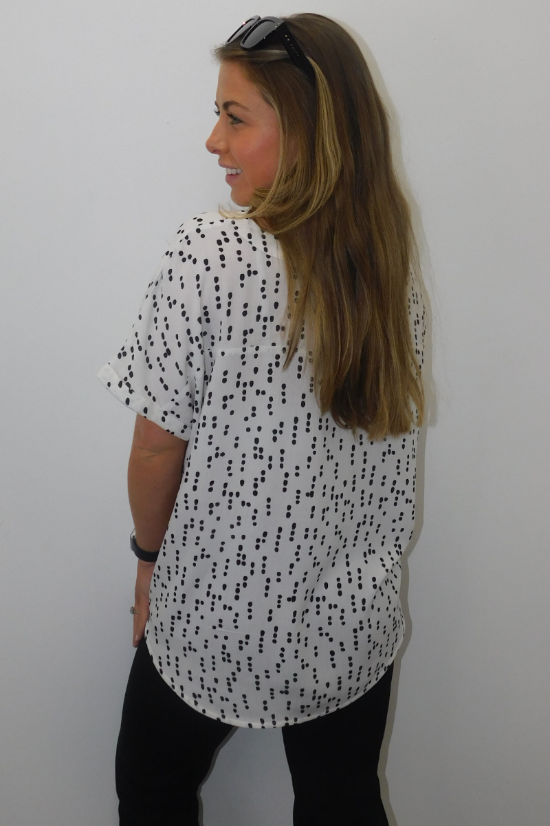 Ladies Short Sleeve Ivory & Black Geometric Polka Blouse Top