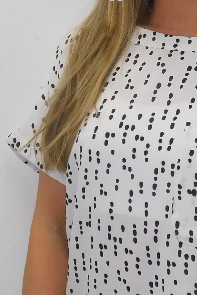 Ladies Short Sleeve Ivory & Black Geometric Polka Blouse Top