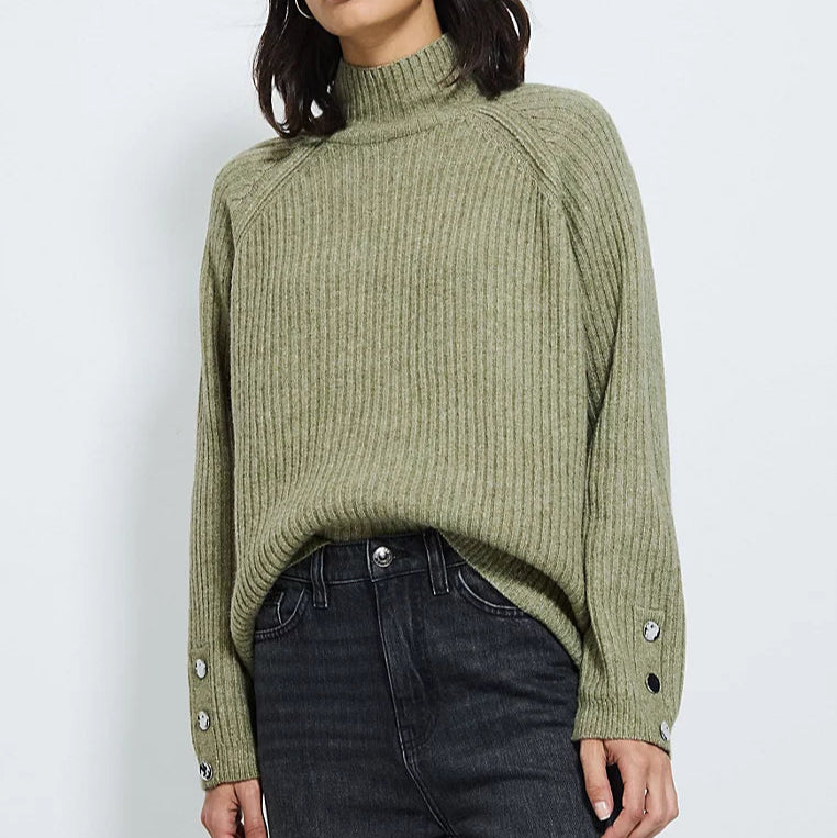 Knitted Button Funnel Neck Jumper Khaki