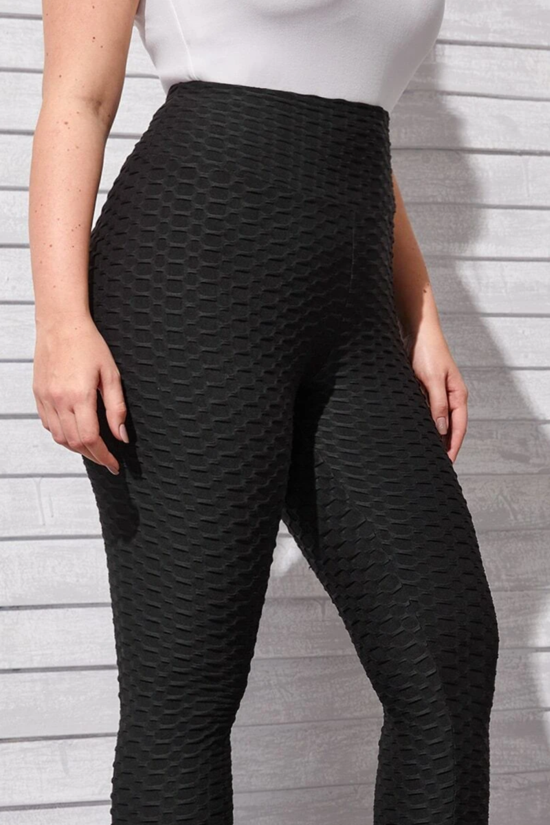 Waffle Texture Bubble High Waist Gym "TikTok" Leggings Black