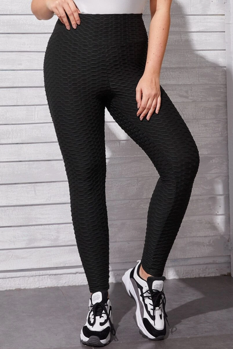 Waffle Texture Bubble High Waist Gym "TikTok" Leggings Black
