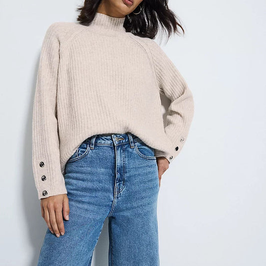 Knitted Button Funnel Neck Jumper Cream