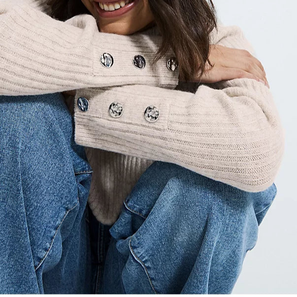 Knitted Button Funnel Neck Jumper Cream