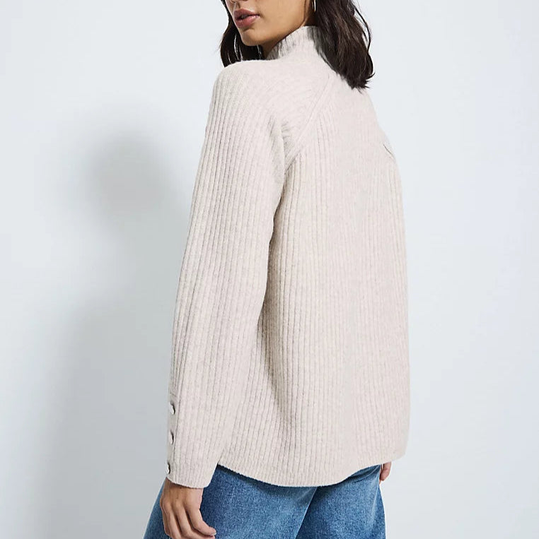 Knitted Button Funnel Neck Jumper Cream