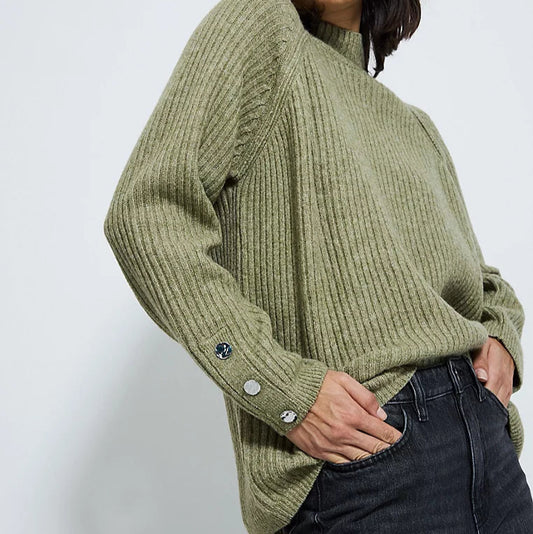 Knitted Button Funnel Neck Jumper Khaki