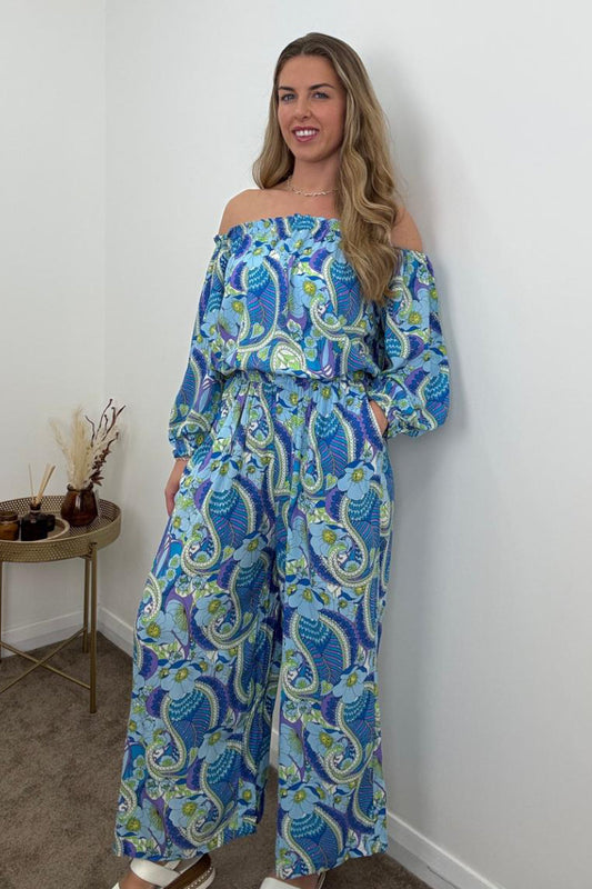 Blue Paisley Off Shoulder Wide Leg Jumpsuit
