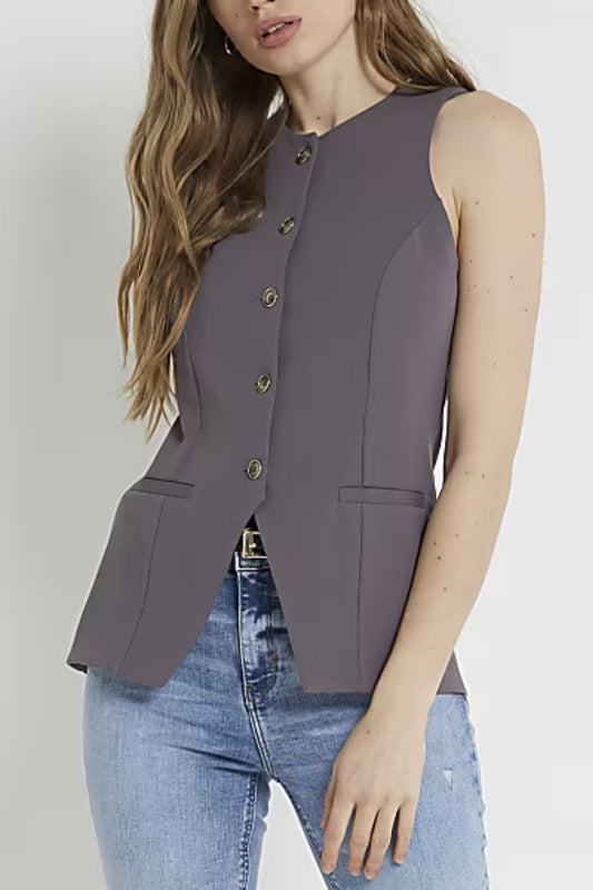 Ex River Island Buttoned Grey Crew Neck Waistcoat