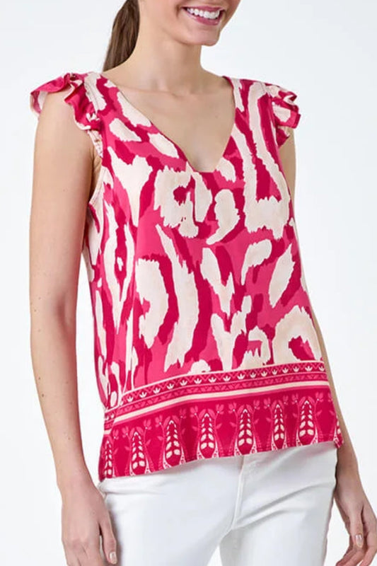 Famous Store Pink Abstract Border Print Frill Sleeve Vest