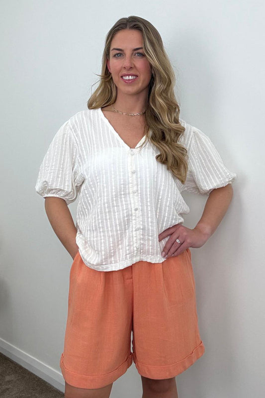 Supermarket Label Textured Button Front Top in Cream