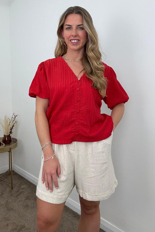 Supermarket Label Textured Button Front Top in Red