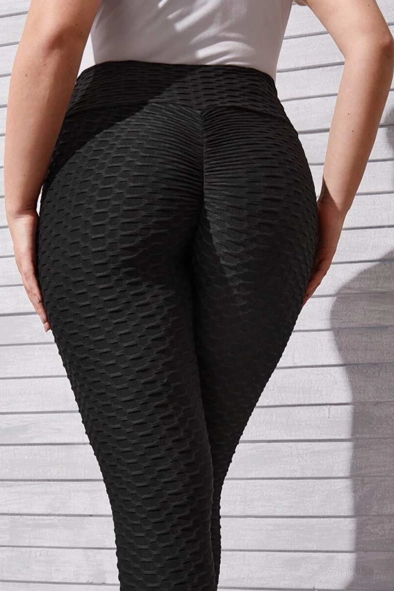 Waffle Texture Bubble High Waist Gym "TikTok" Leggings Black